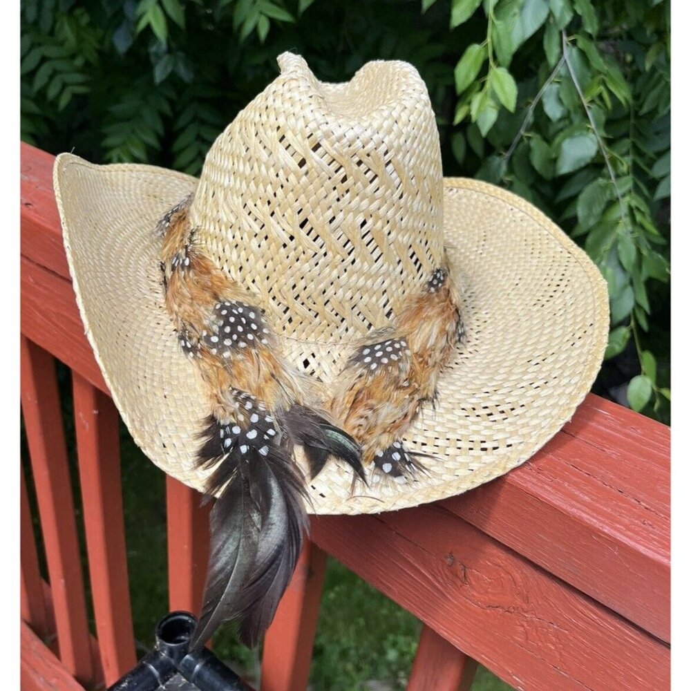Larry Mahan Vintage Straw Hat Size 7 Western Braided Feather Cowboy Style - Picture 3 of 9